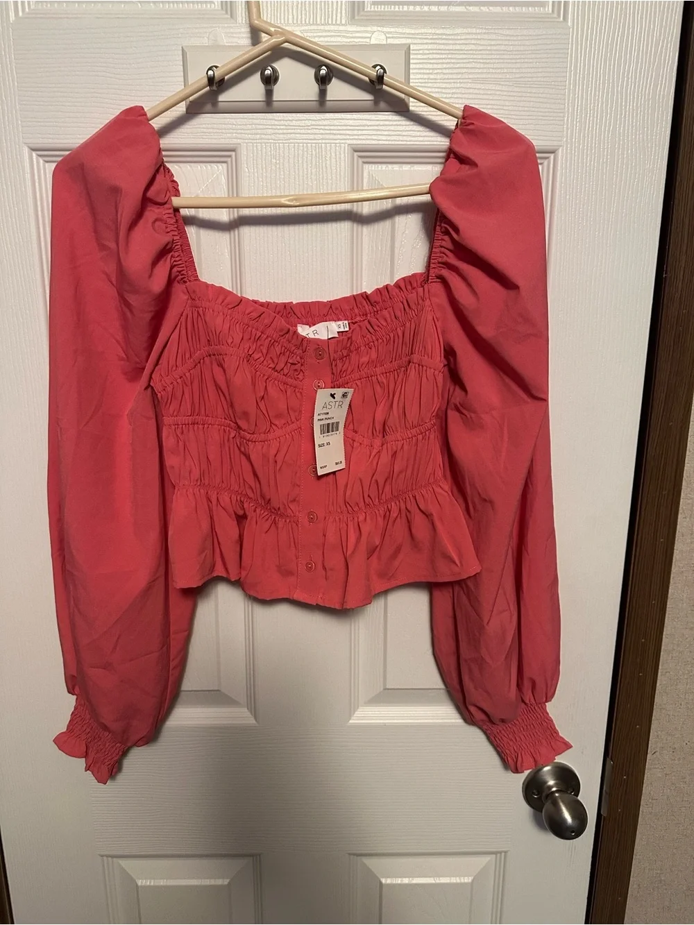 Astr Rose Pink Smocked Square-Neck Button Crop Blouse